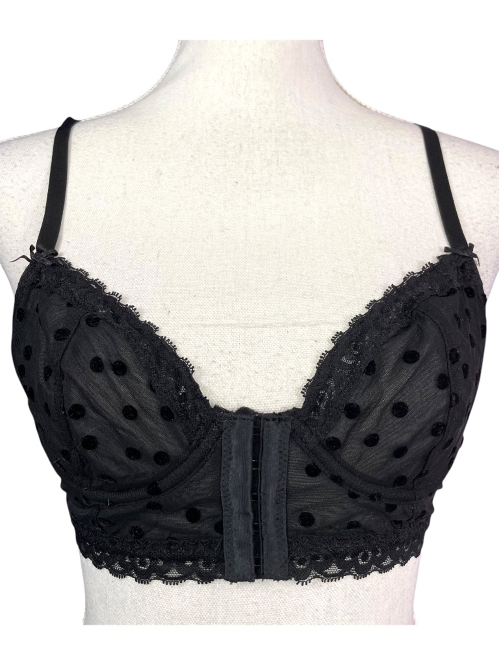 Whimsigoth Lace Trim Bra 36B Longline Bustier Black Flocked Polka Dot Mesh Sheer